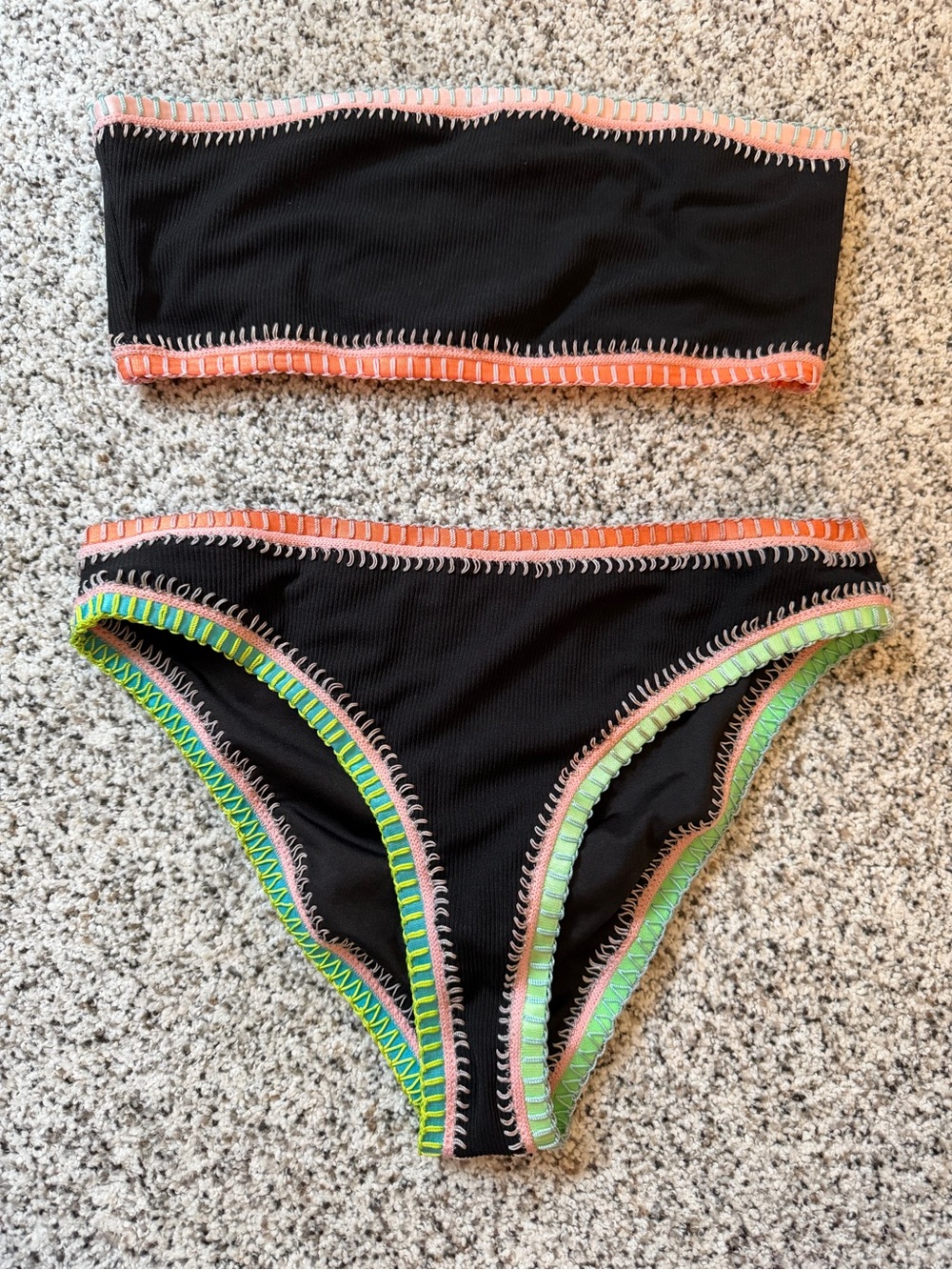 Black Bandeau Bikini Set with Neon Trim